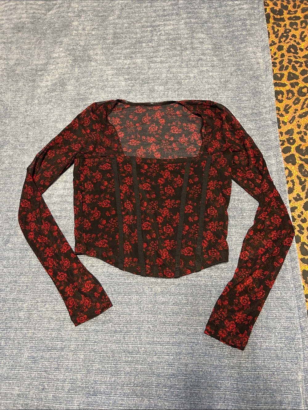 Hollister Black Sheer Long-Sleeve Top with Red Floral Print